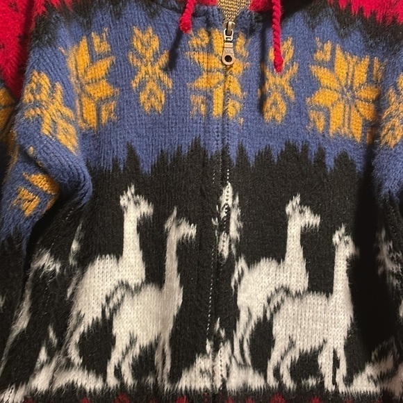 𝅺Yari Artesanias Multicolored Hooded Wool Zip Drawstring Llama Sweater Jacket - Picture 3 of 8